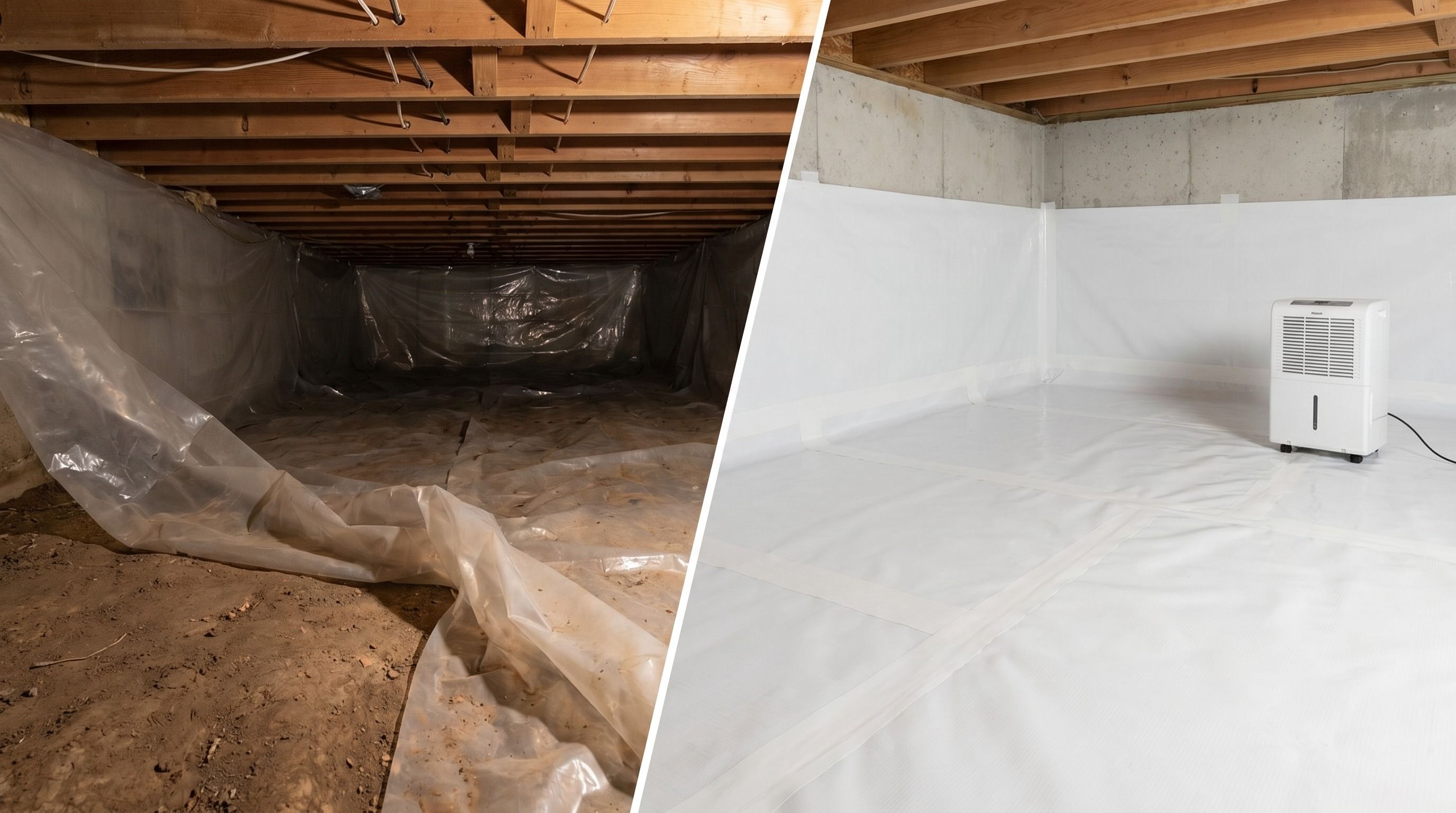 Side-by-side comparison of basic vapor barrier vs full crawl space encapsulation