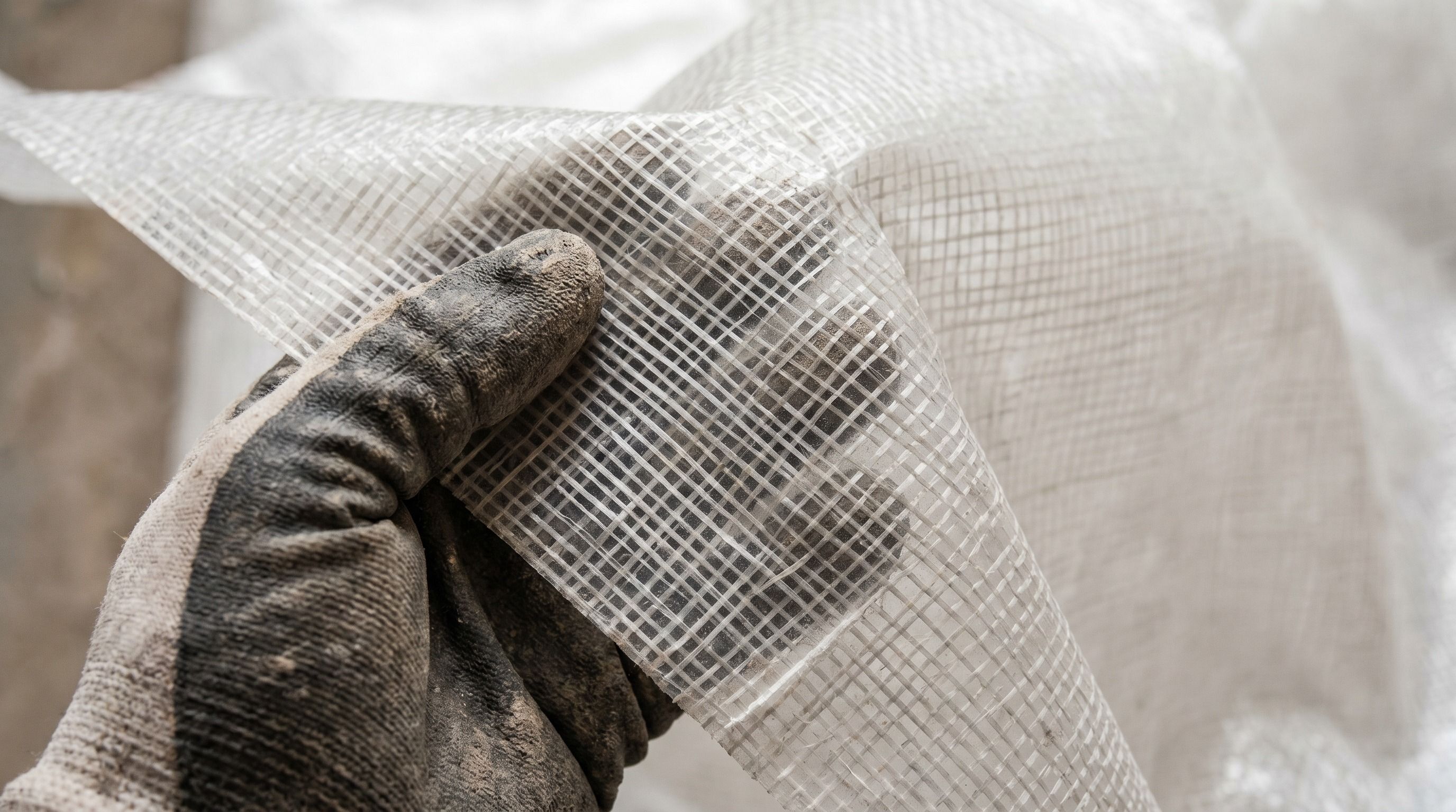 Heavy-duty reinforced vapor barrier material held in contractor's hands