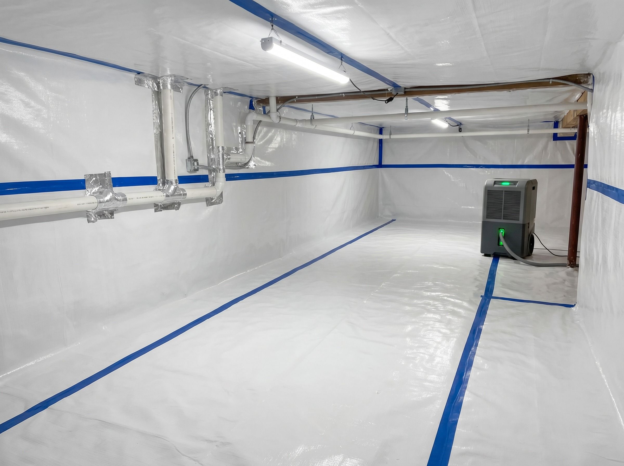 Completed crawl space encapsulation with bright white vapor barrier