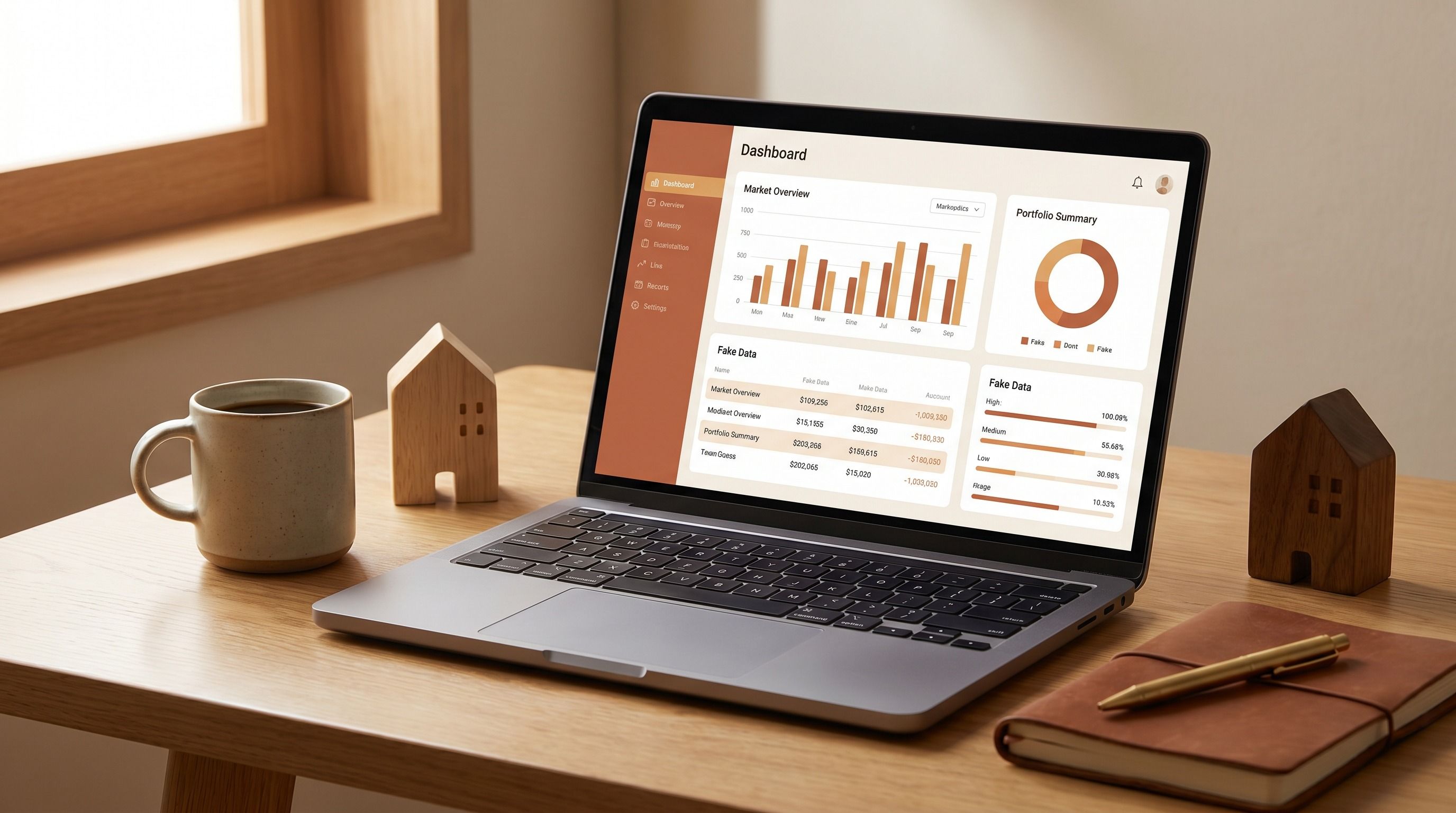 Home office desk with laptop and house figurine representing financing options