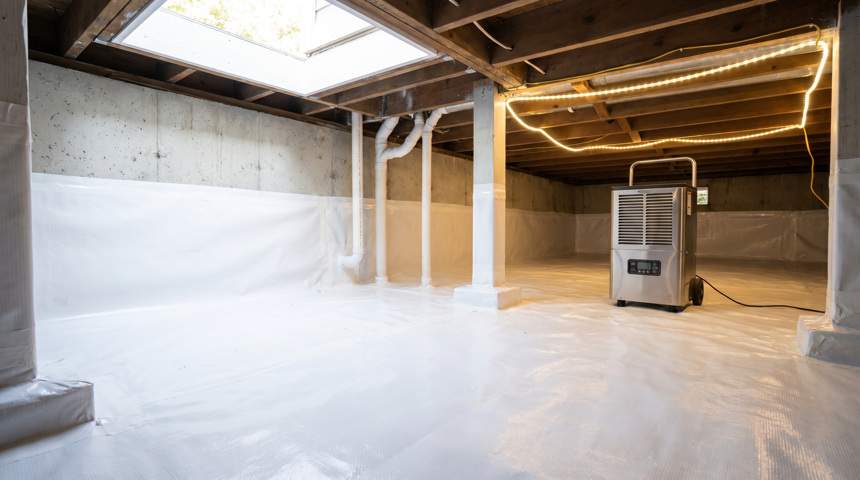 Freshly encapsulated Tennessee crawl space with bright white vapor barrier and commercial dehumidifier