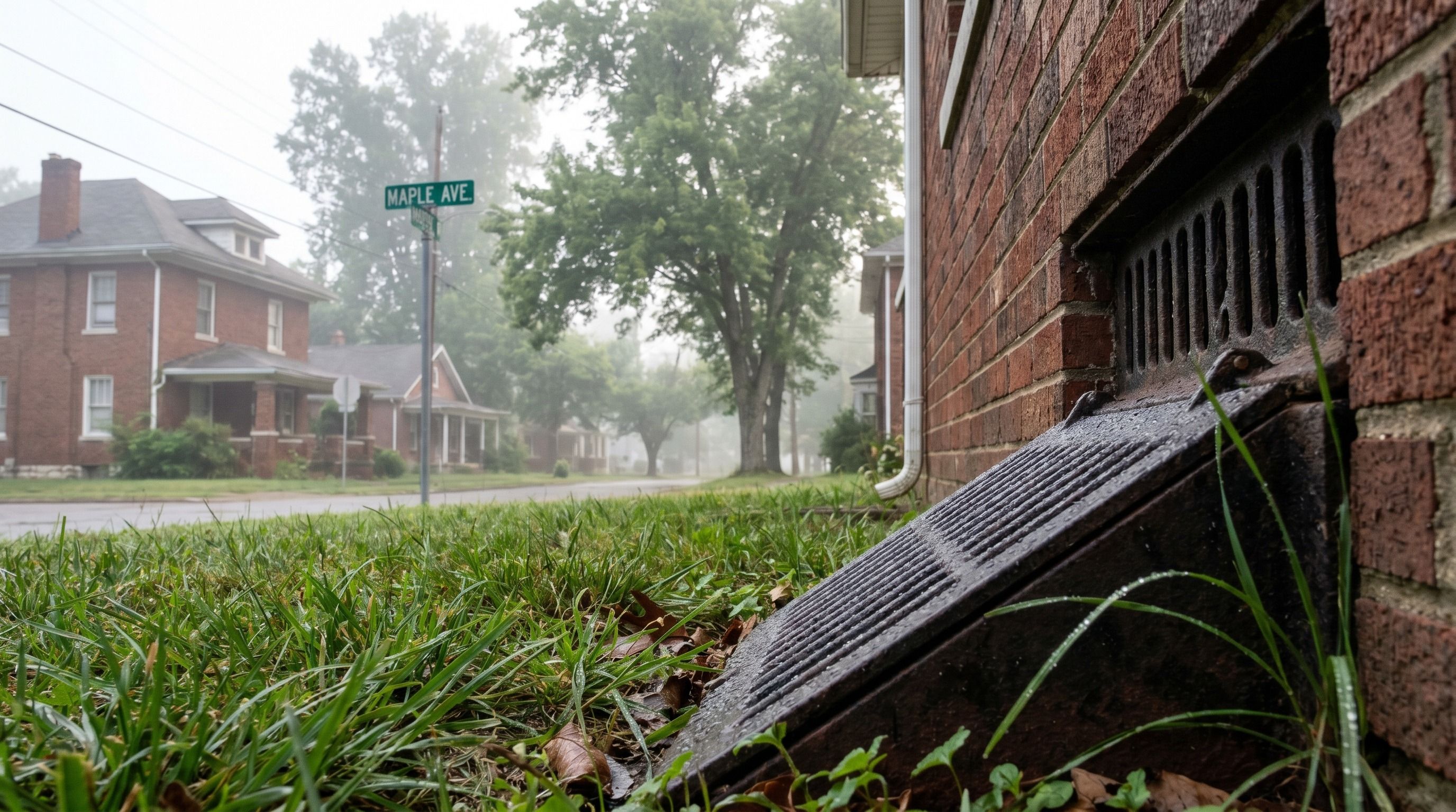 Humid summer morning in a Tennessee neighborhood with dew on a foundation vent