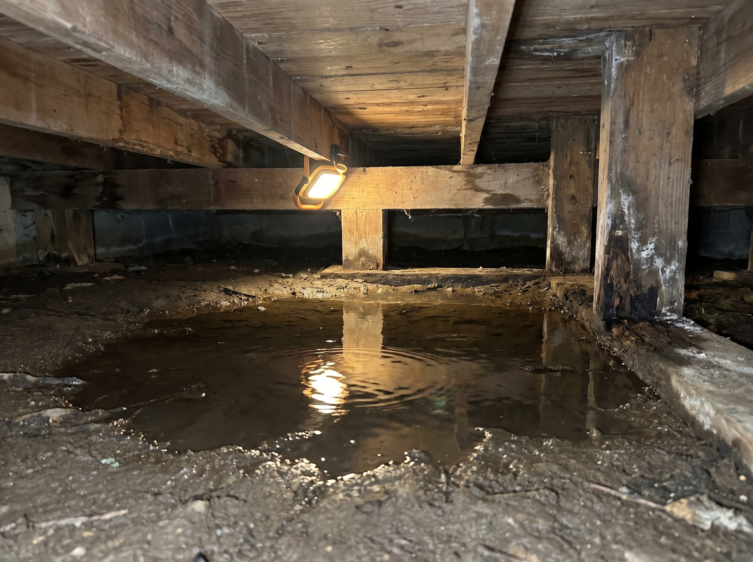 Standing water pooled on a crawl space dirt floor